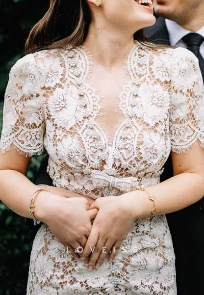 Scalloped V-Neck Lace Sheath Midi Dress