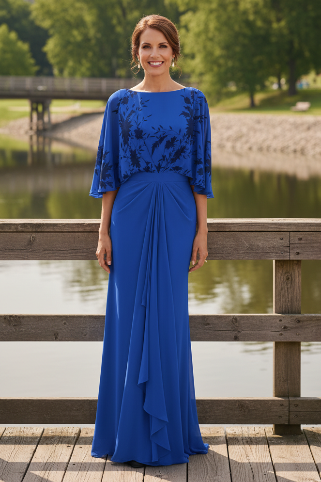 Bateau Neck Chiffon Gown with Capelet