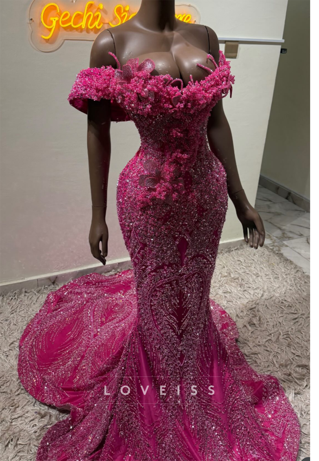 Off-the-Shoulder Beaded Mermaid Evening Gown