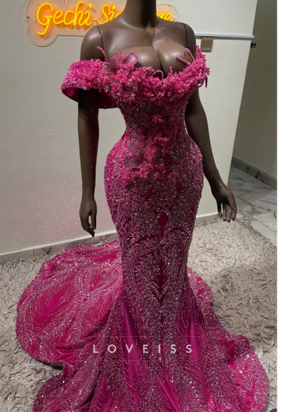 Off-the-Shoulder Beaded Mermaid Evening Gown