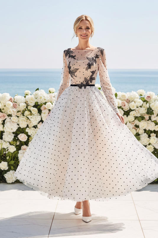 Embroidered Polka Dot Tulle Midi Dress