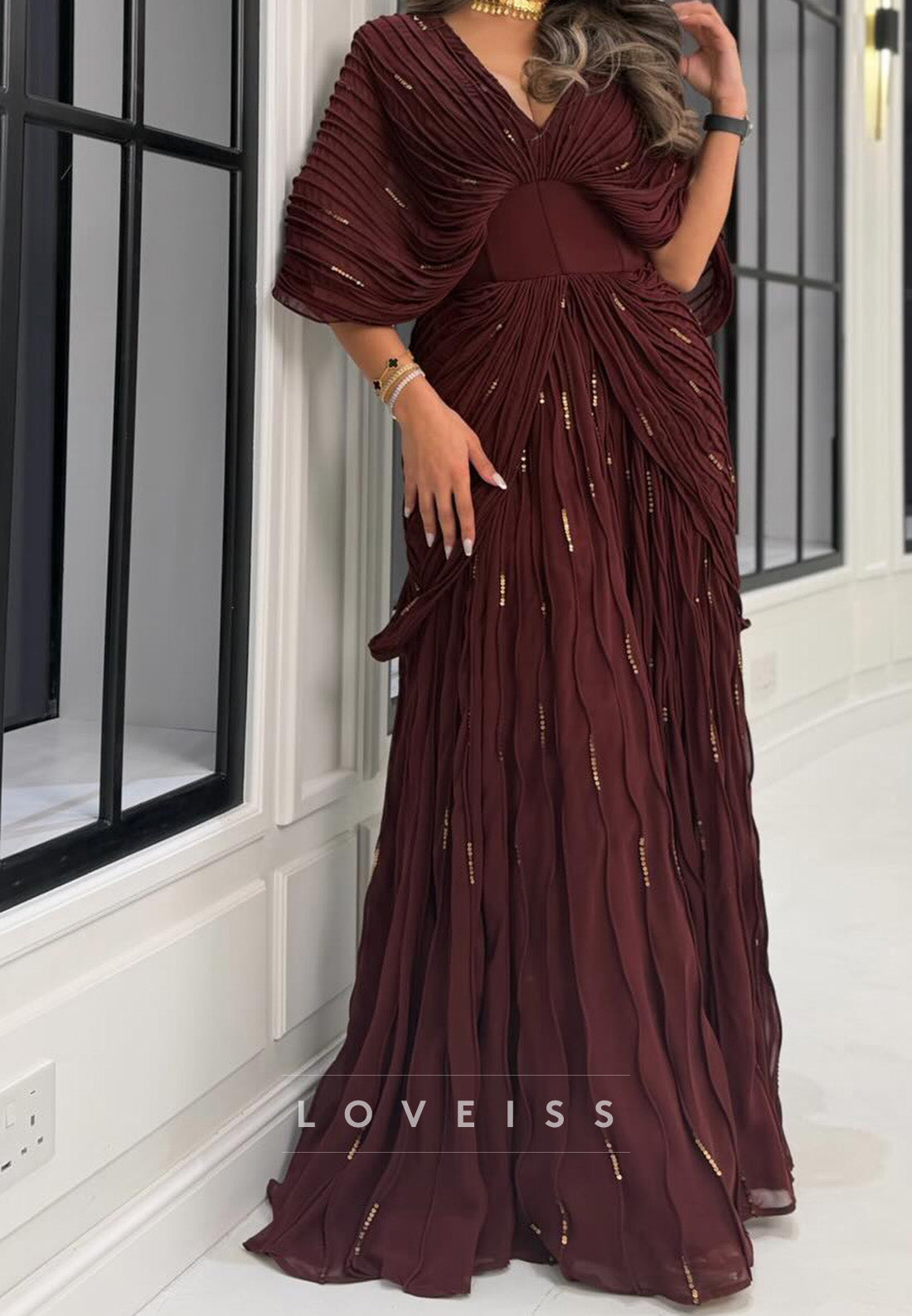 Pleated Cape Sleeve Beaded Maxi Dress