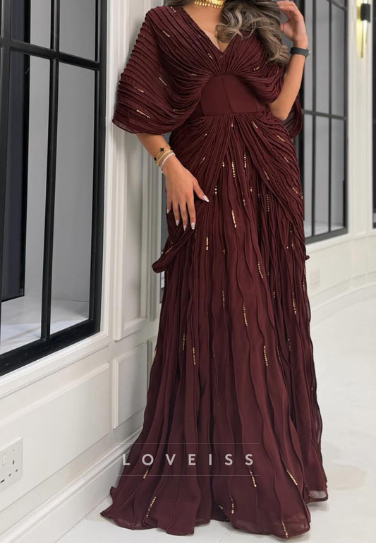 Pleated Cape Sleeve Beaded Maxi Dress