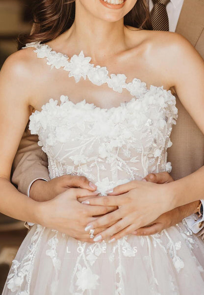 One-Shoulder Floral Appliqué Tulle Mini Dress