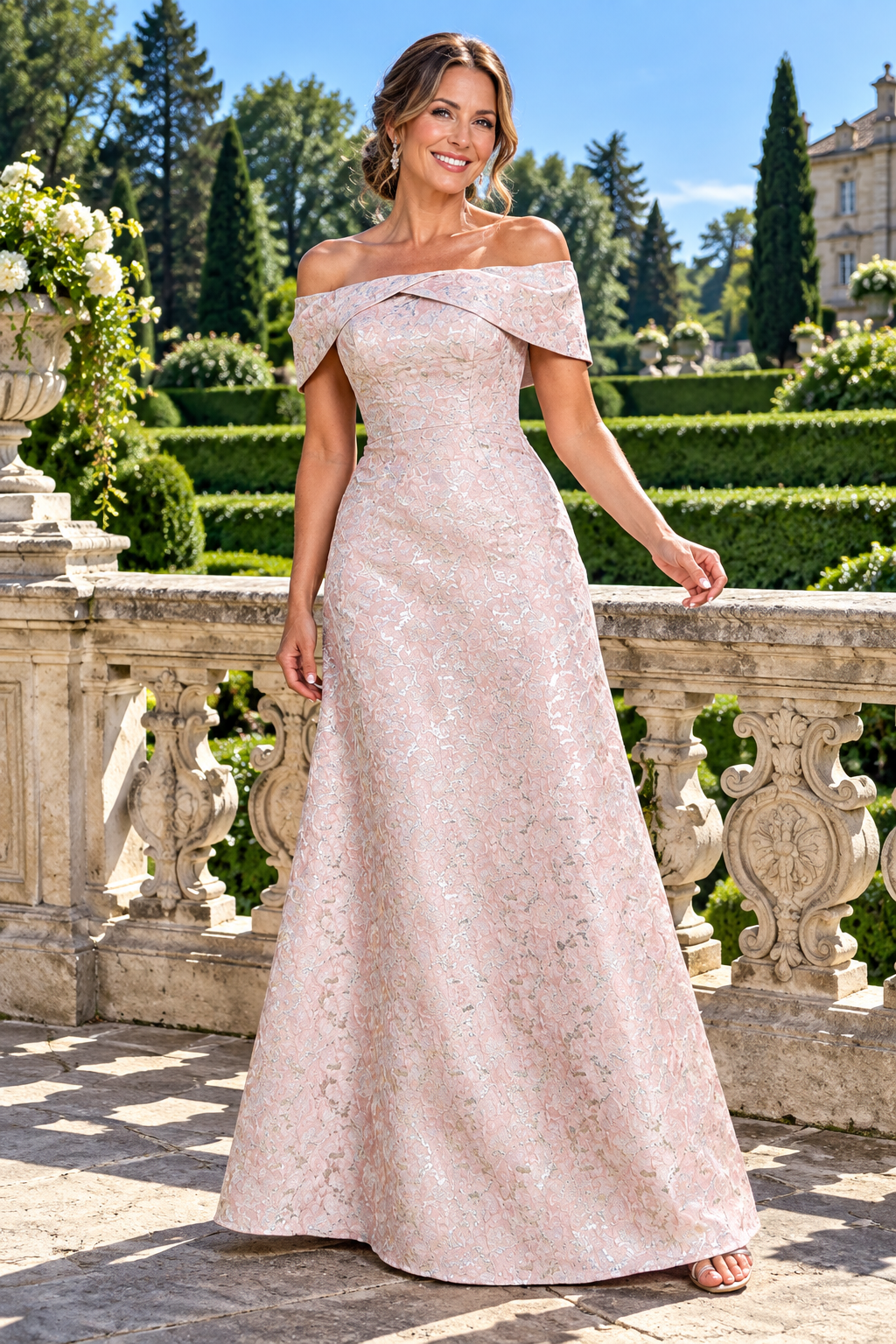 Off-the-Shoulder Jacquard A-Line Evening Gown