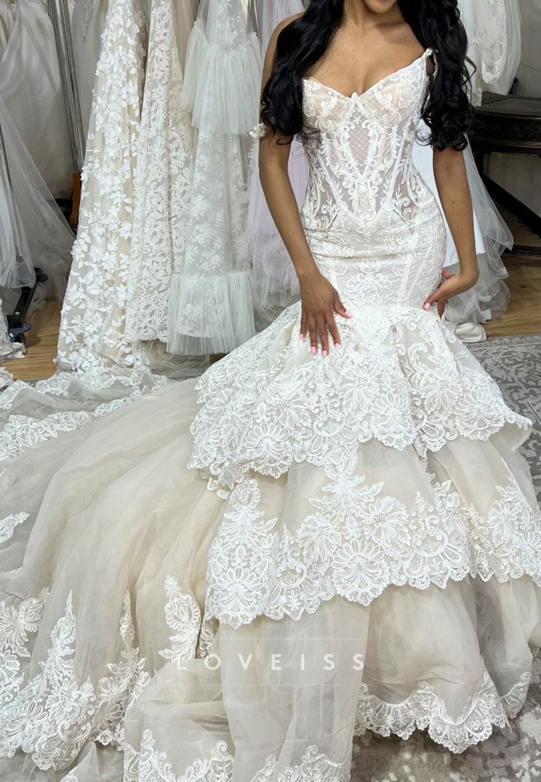 Tiered Lace Corset Mermaid Wedding Dress