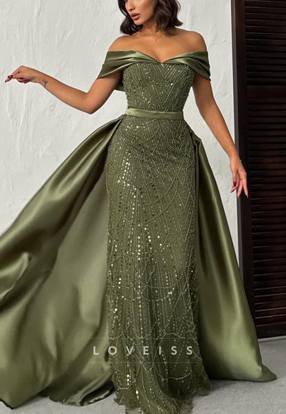 Off-the-Shoulder Beaded Evening Gown with Overskirt