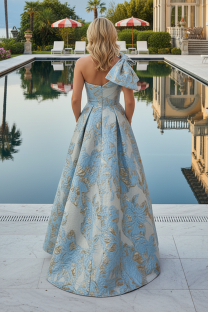 One Shoulder Jacquard Bow A-Line Evening Gown