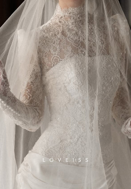 High Neck Lace Bodice Satin Wedding Gown