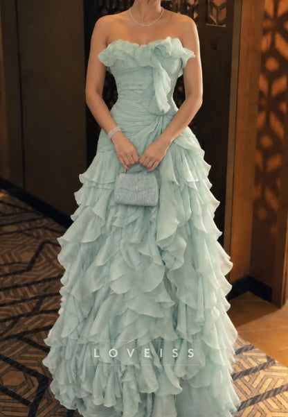 Strapless Ruched Tiered Ruffle Formal Gown
