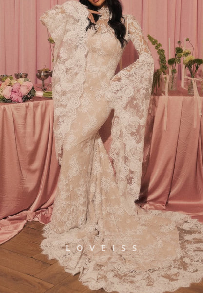 Lace High Neck Bell Sleeve Sheath Wedding Dress