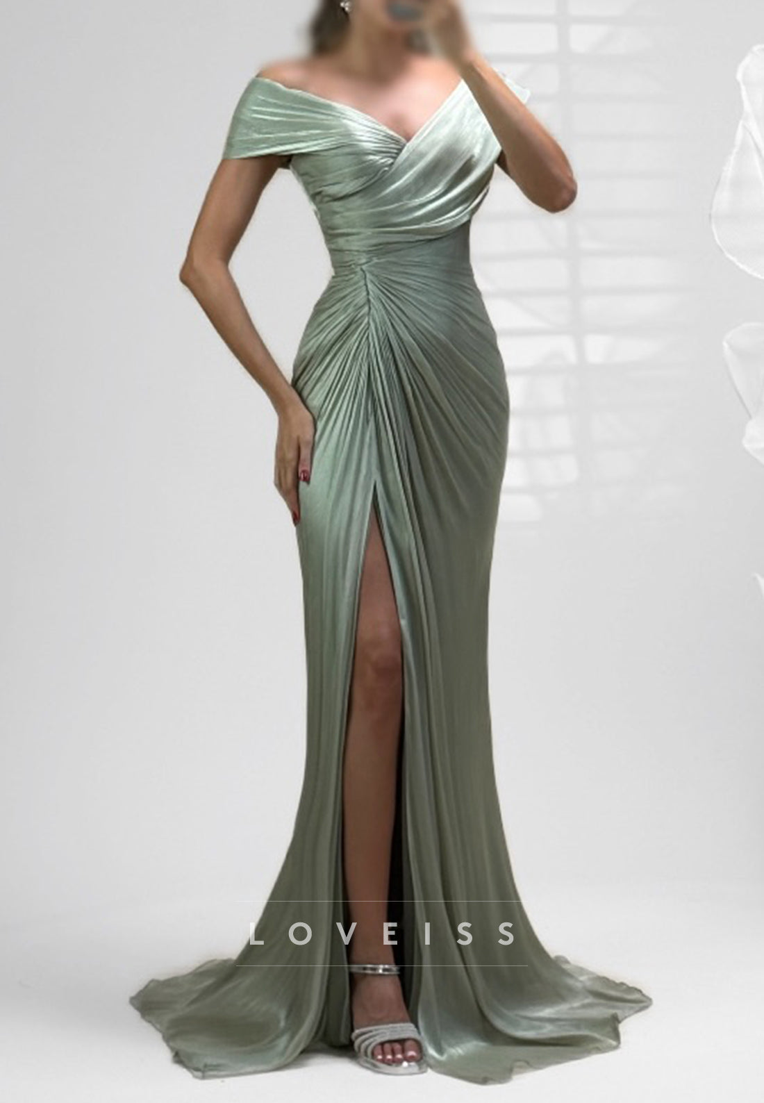 Ruched Off-the-Shoulder Metallic Gown with Slit
