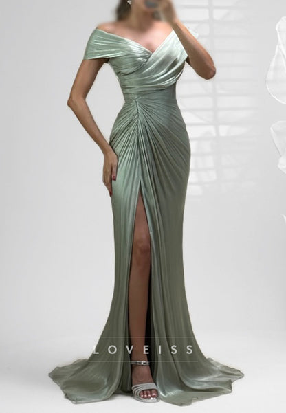 Ruched Off-the-Shoulder Metallic Gown with Slit