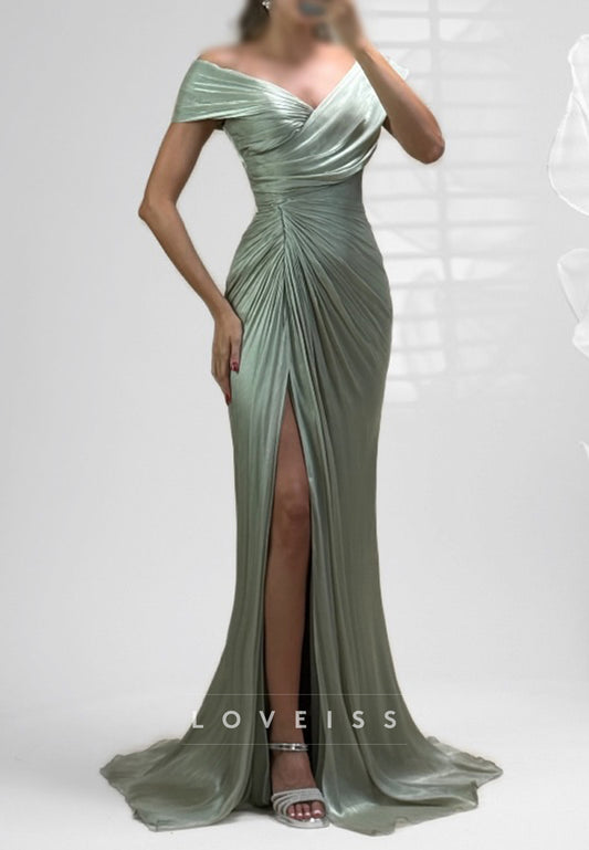 Ruched Off-the-Shoulder Metallic Gown with Slit
