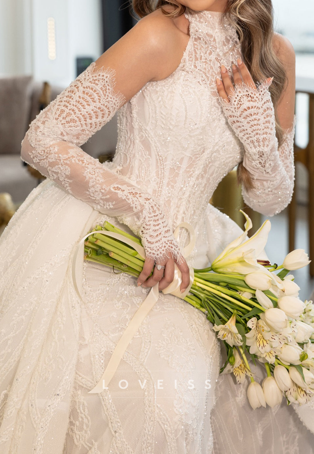 Halter Mermaid Lace Wedding Dress with Overskirt