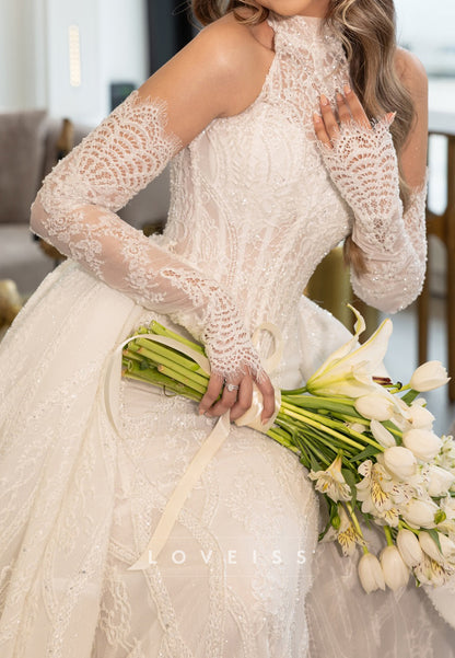 Halter Mermaid Lace Wedding Dress with Overskirt