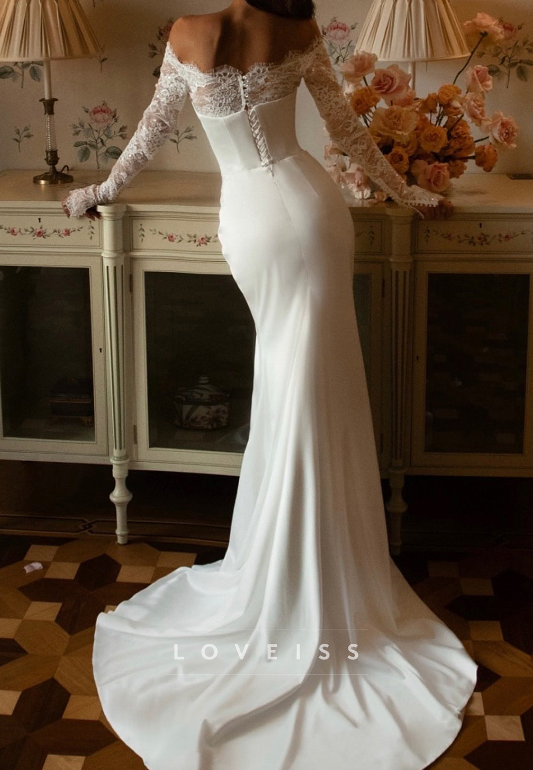 Off Shoulder Lace Long Sleeve Mermaid Wedding Dress