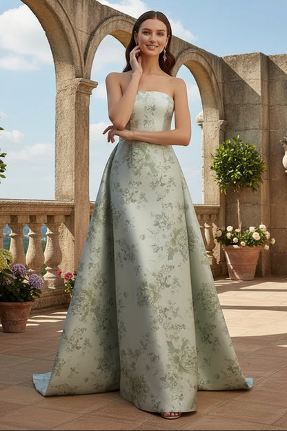Strapless Jacquard Evening Gown with Watteau Train