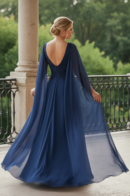 V-Neck Cape Sleeve Chiffon Evening Gown