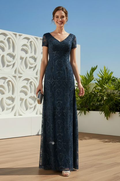 Beaded Lace V-Neck A-Line Evening Gown