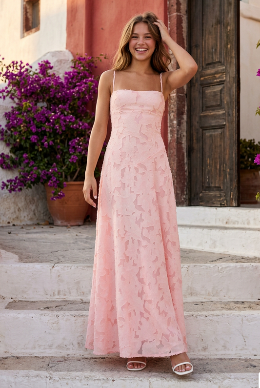 Textured Jacquard Maxi Dress with Lace-Up Back
