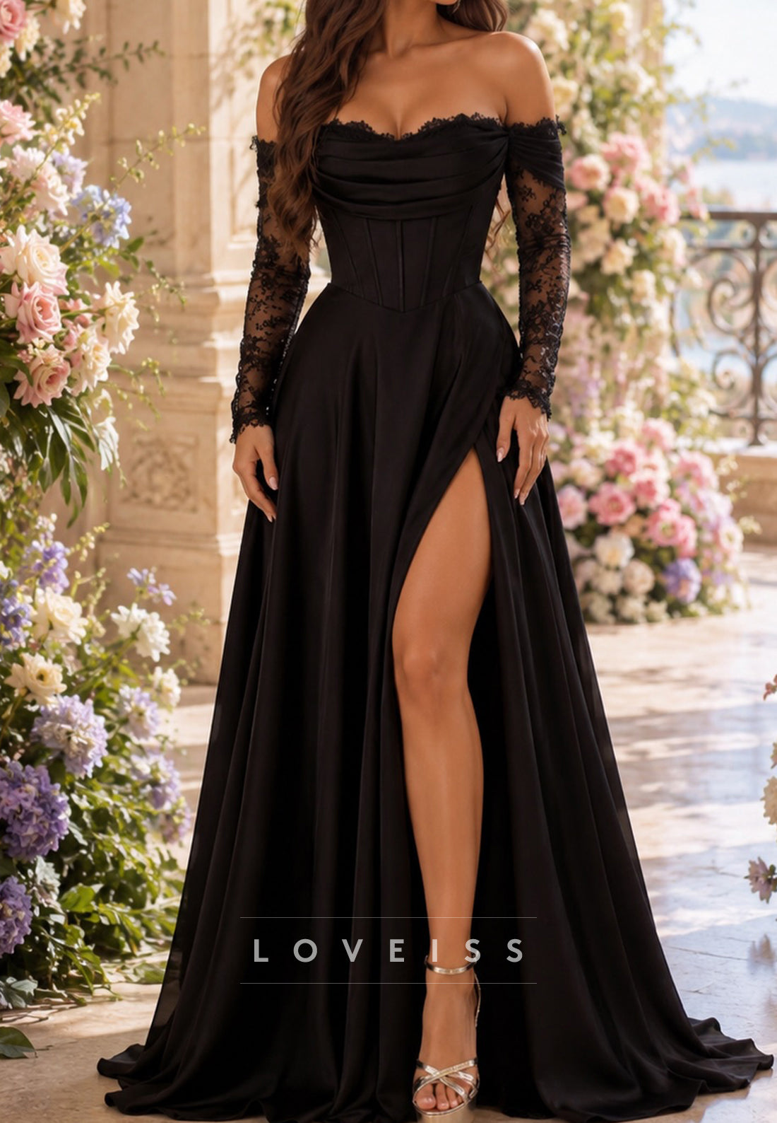 Off-the-Shoulder Corset Gown with Lace Long Sleeves