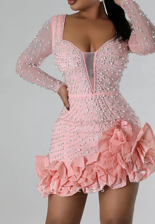 Pearl Beaded Long Sleeve Mini Dress with Ruffled Hem