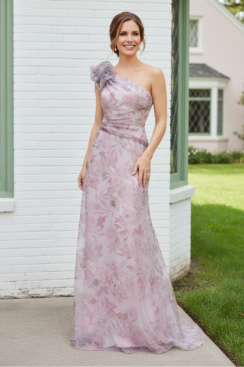 One-Shoulder Floral Organza Gown with Pockets