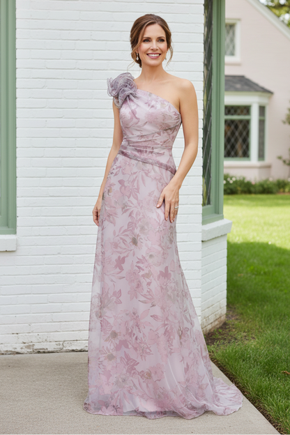 One-Shoulder Floral Organza Gown with Pockets
