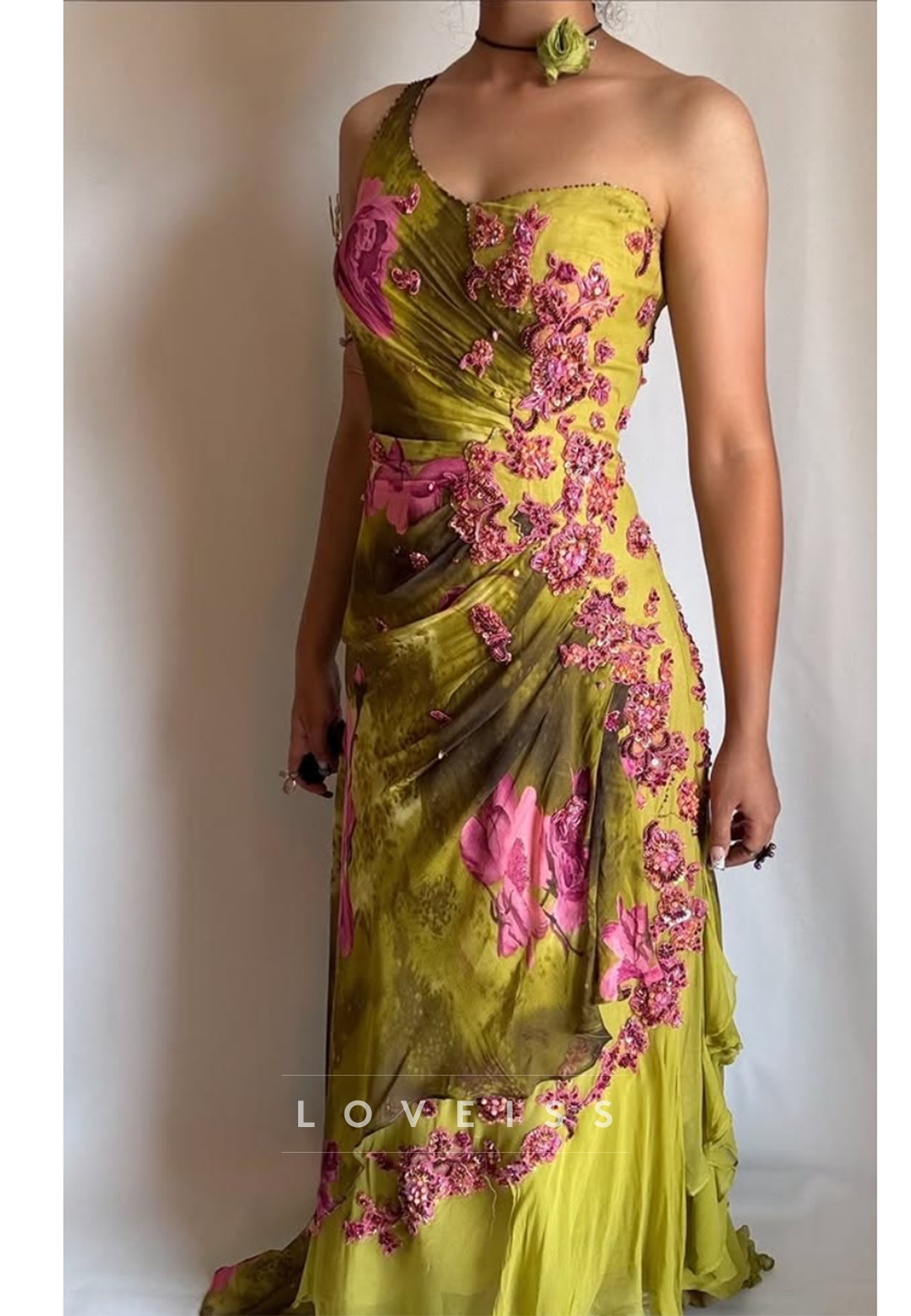 One-Shoulder Floral Applique Evening Gown