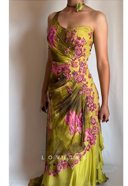 One-Shoulder Floral Applique Evening Gown