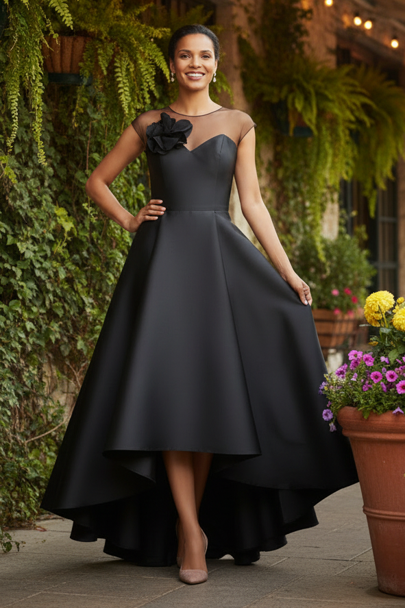 Illusion Neckline High-Low Satin Evening Gown