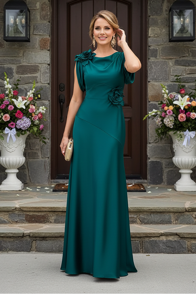 Asymmetrical Satin Gown with 3D Floral Accents