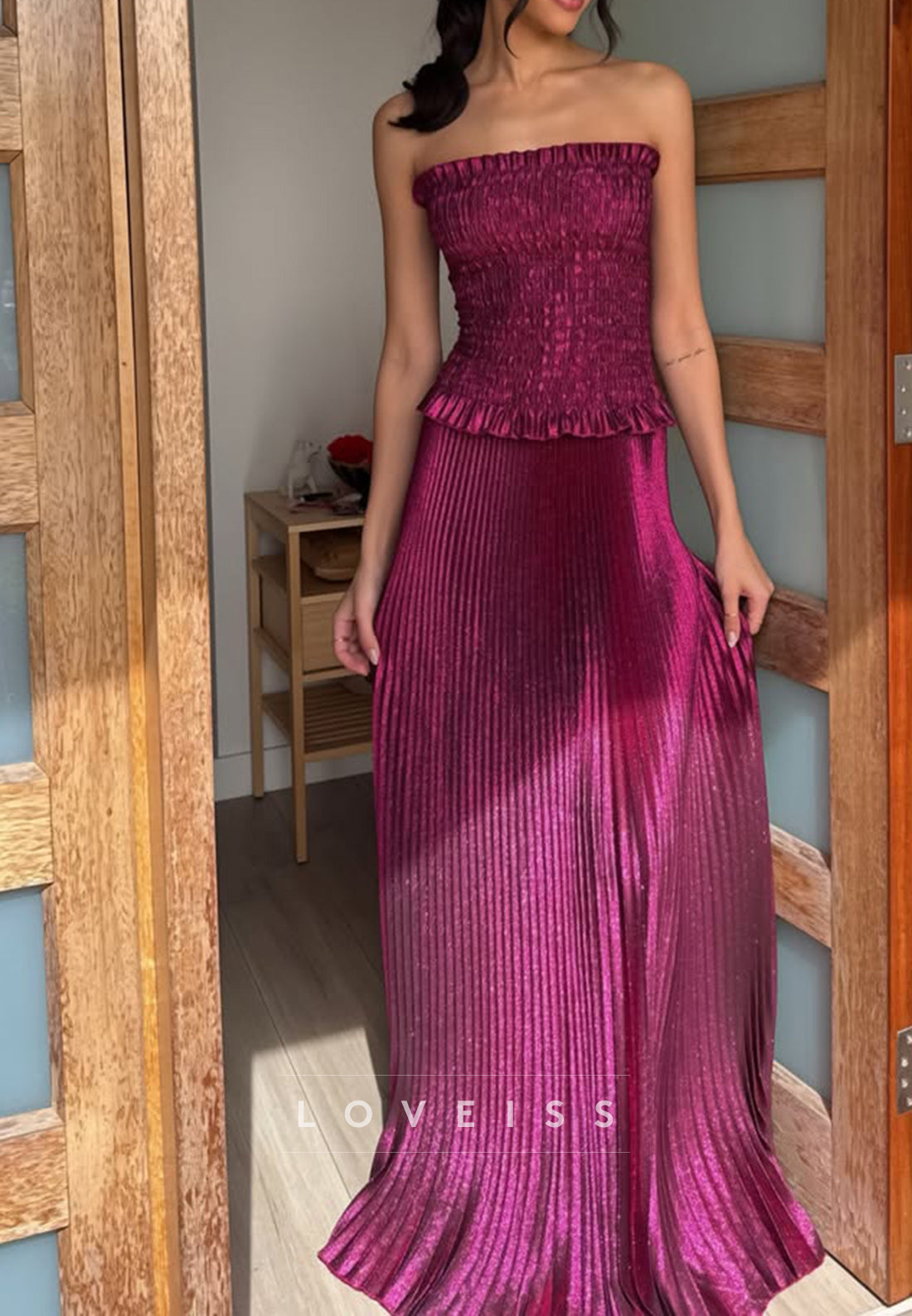 Strapless Smocked Pleated Maxi Dress