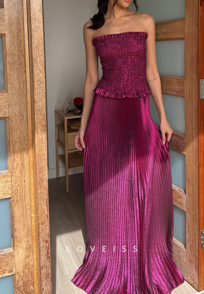 Strapless Smocked Pleated Maxi Dress