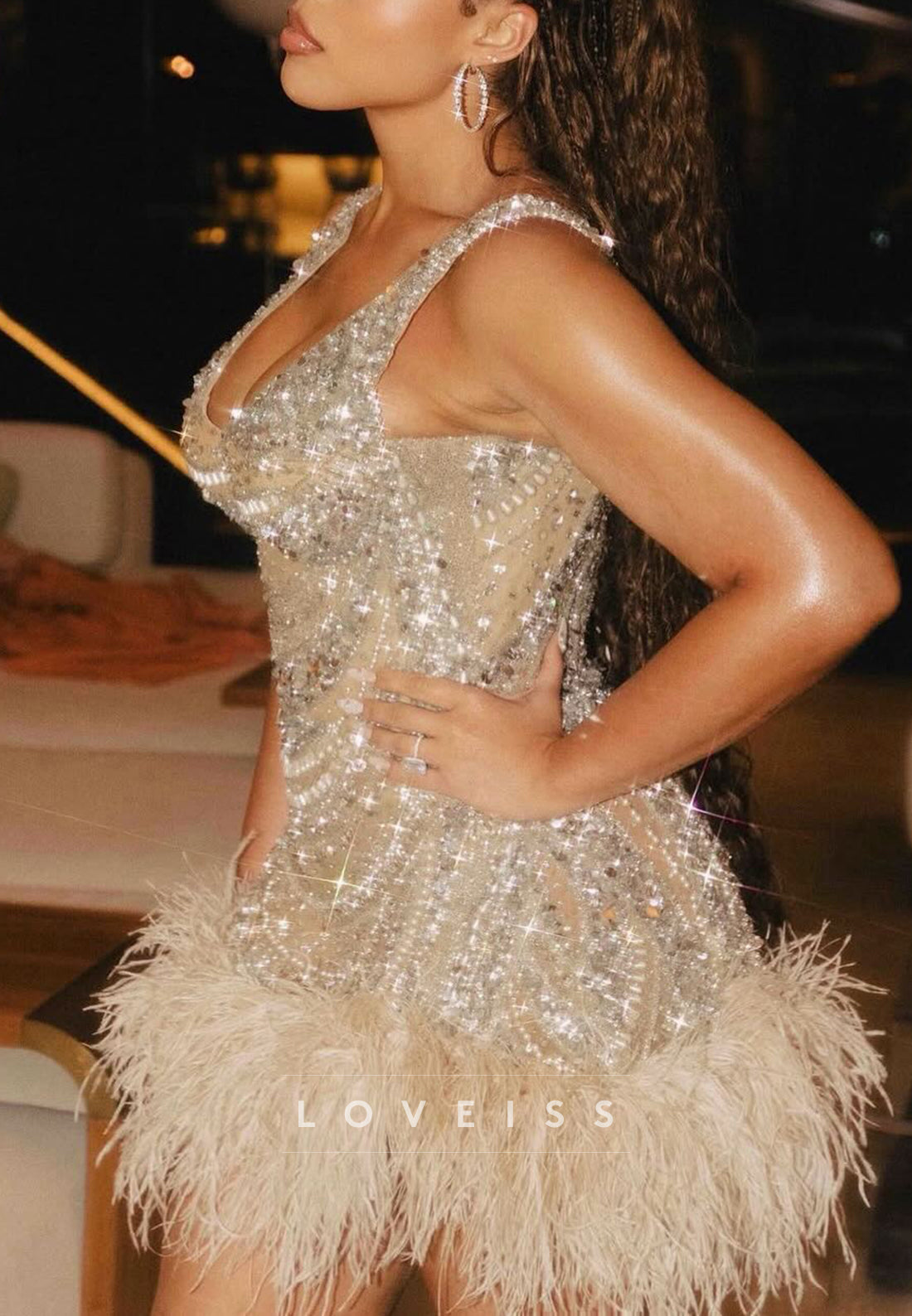 Beaded Pearl Mini Dress with Feather Trim