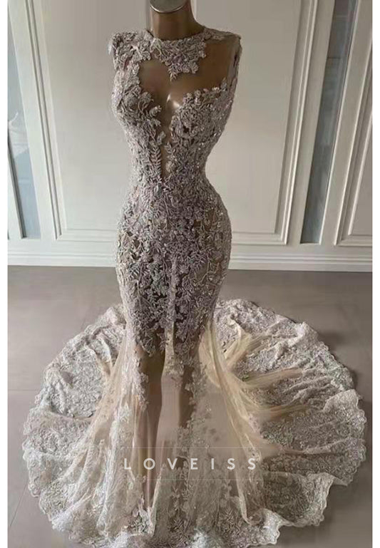 Illusion High Neck Beaded Lace Mermaid Gown