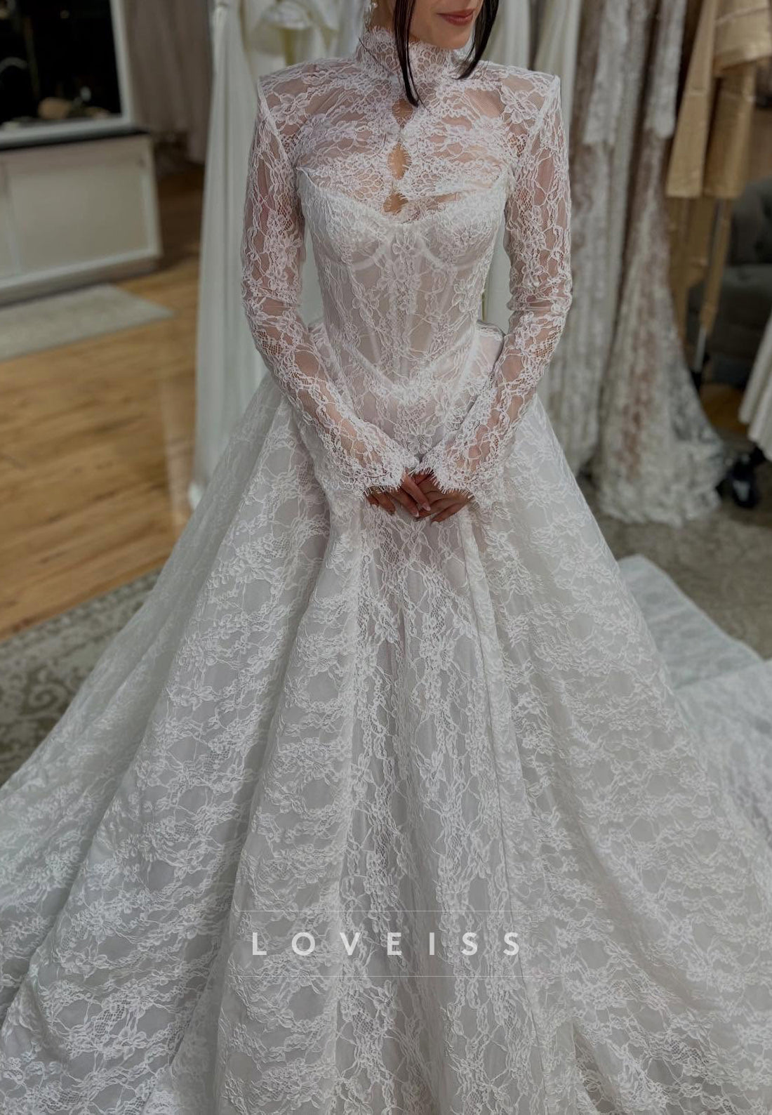 Long Sleeve High Neck Lace Ball Gown Wedding Dress