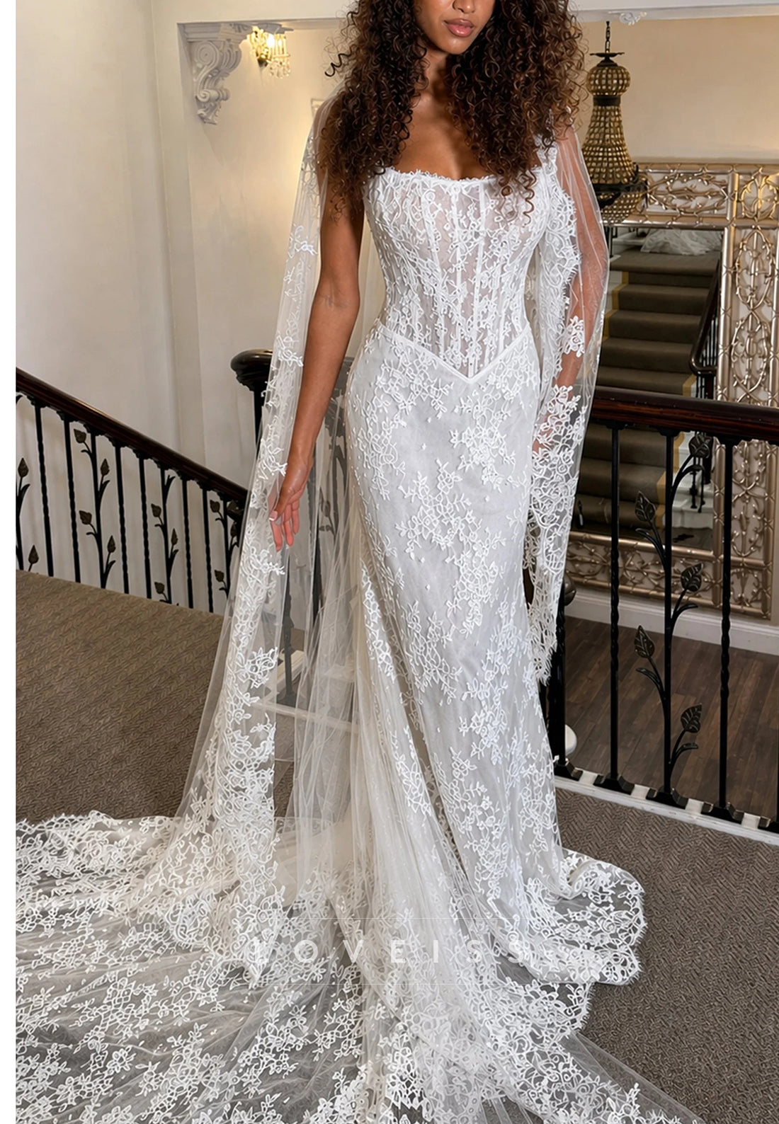 Lace Corset Mermaid Wedding Dress with Detachable Cape