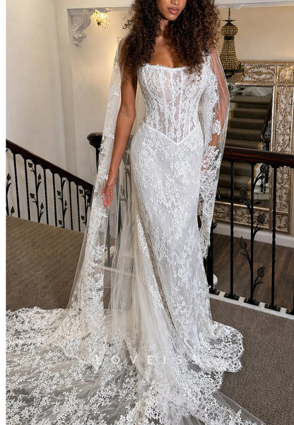 Lace Corset Mermaid Wedding Dress with Detachable Cape