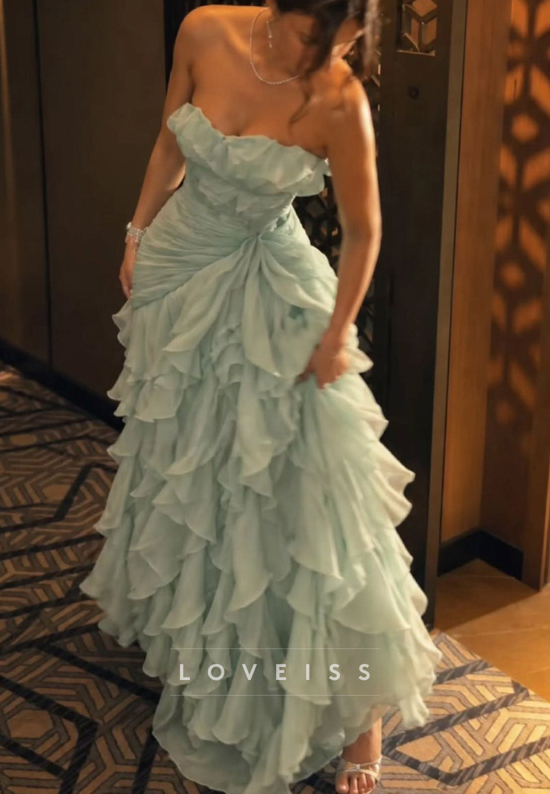 Strapless Ruched Tiered Ruffle Formal Gown