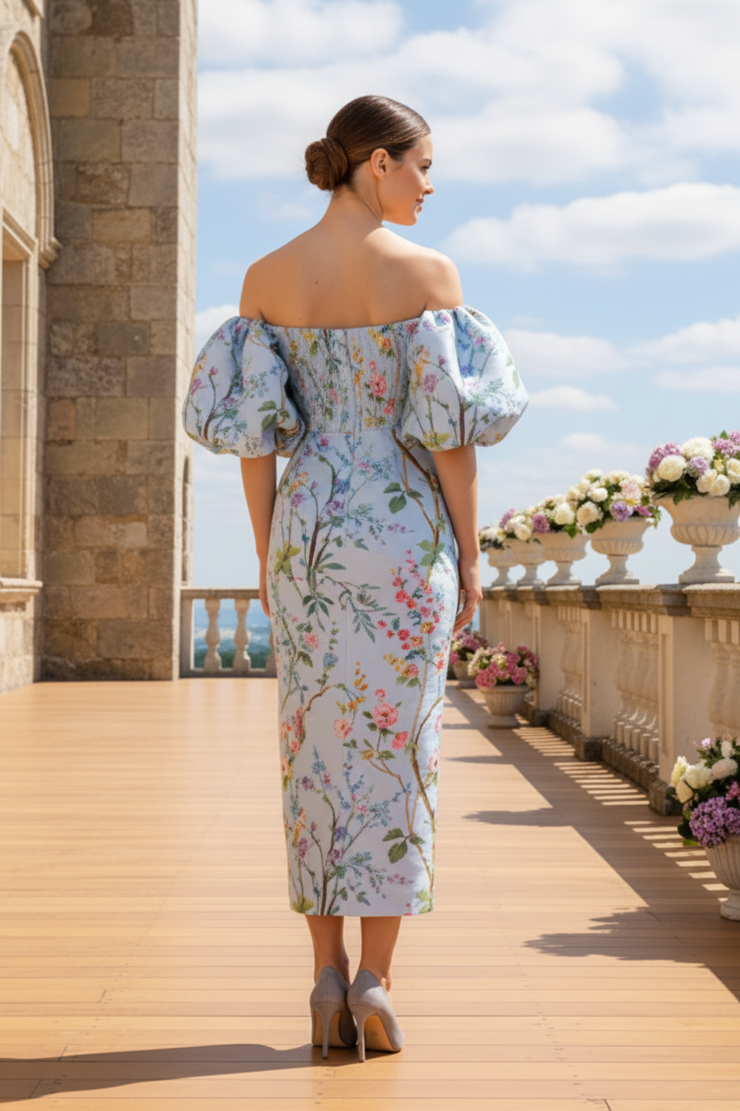 Floral Off-the-Shoulder Midi Dress with Puff Sleeves