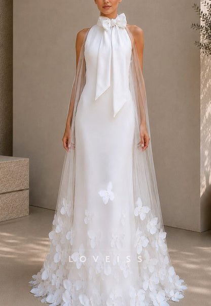 Halter Neck Sheath Wedding Dress with Floral Tulle Cape