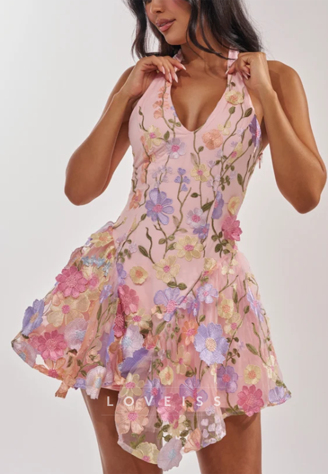 Floral Embroidered Corset Mini Dress with Asymmetrical Hem