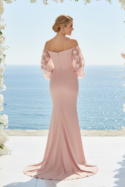 Off-the-Shoulder Mermaid Gown with 3D Floral Sleeves