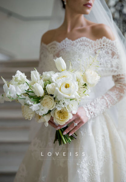 Off-the-Shoulder Lace Ball Gown Wedding Dress