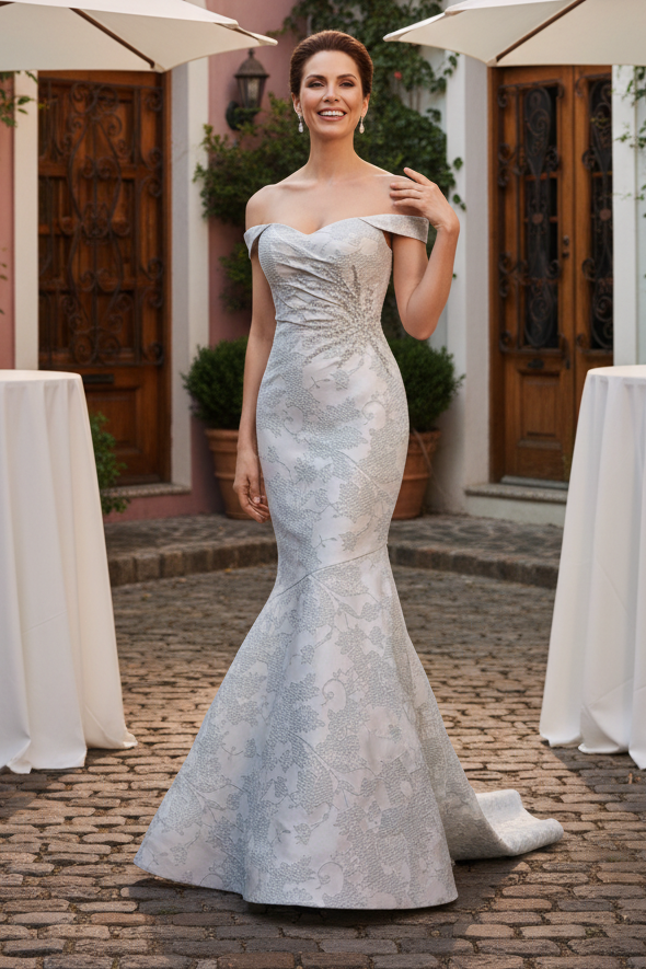 Off-the-Shoulder Jacquard Mermaid Gown