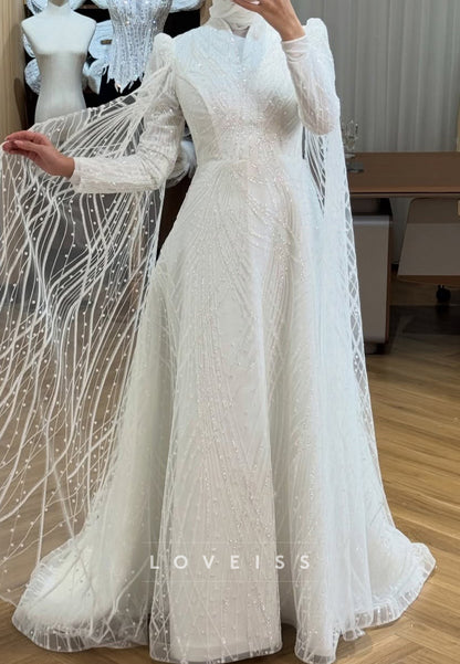 Beaded High Neck A-Line Wedding Dress with Cape