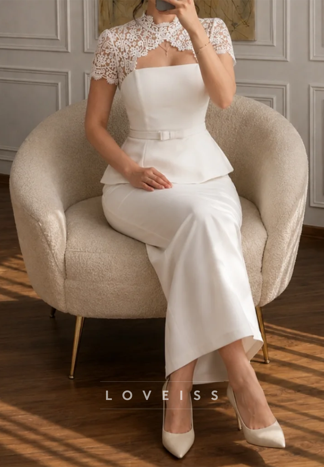 Lace Illusion Peplum Sheath Wedding Dress