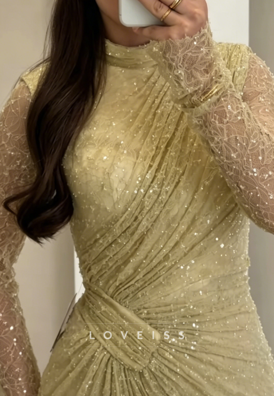 High-Neck Ruched Long Sleeve Evening Gown